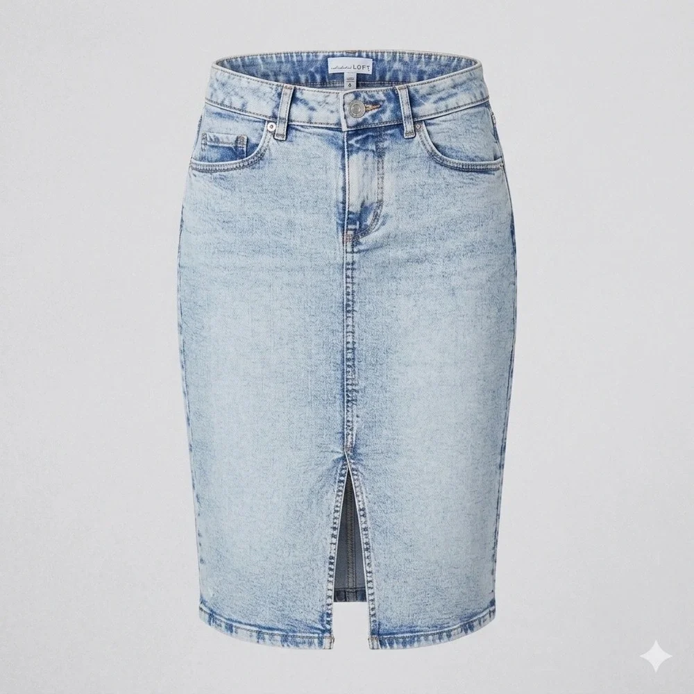 LOFT Acid Wash Denim Midi‎ Skirt Front Slit Pencil Jean Light Blue Size 0P Retro